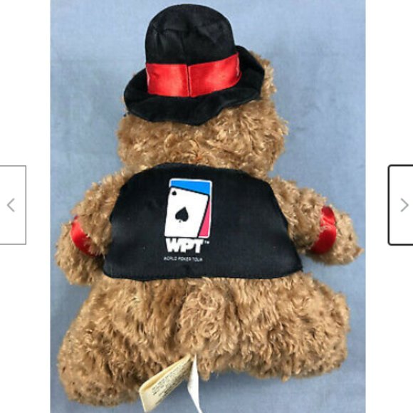 World Poker Tour Hat WPT 8" Cuddly Brown Teddy Bear Curly Plush 2006 Bow Tie - Picture 11 of 12